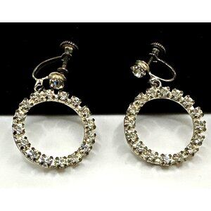 Vintage Rhinestone Drop Dangle Circle Hoop Earrings Screw Back Retro